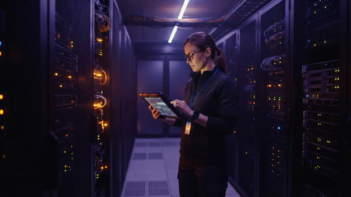 An illuminated modern data center facility housing advanced GPU compute clusters.