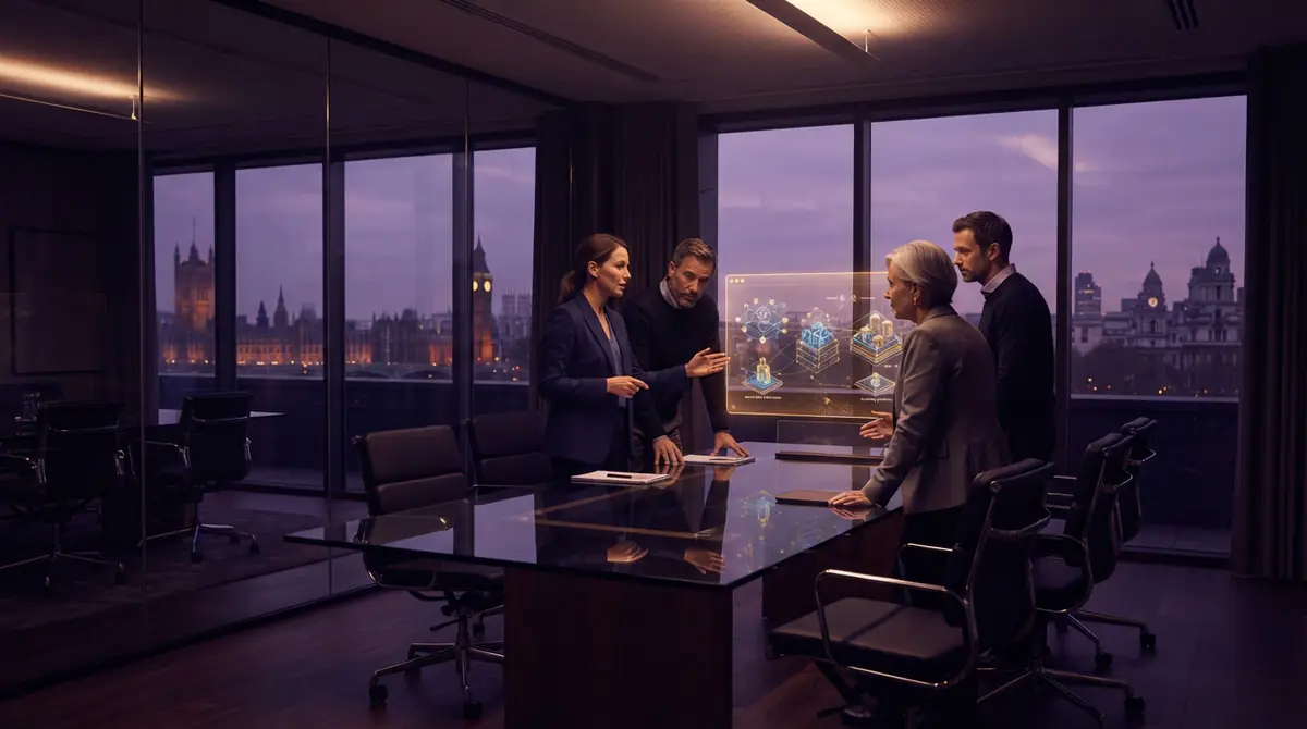 Corporate professionals in a modern glass conference room reviewing enterprise technology deployment plans.
