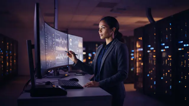 An AI researcher inspecting server status screens inside a European data center control room.