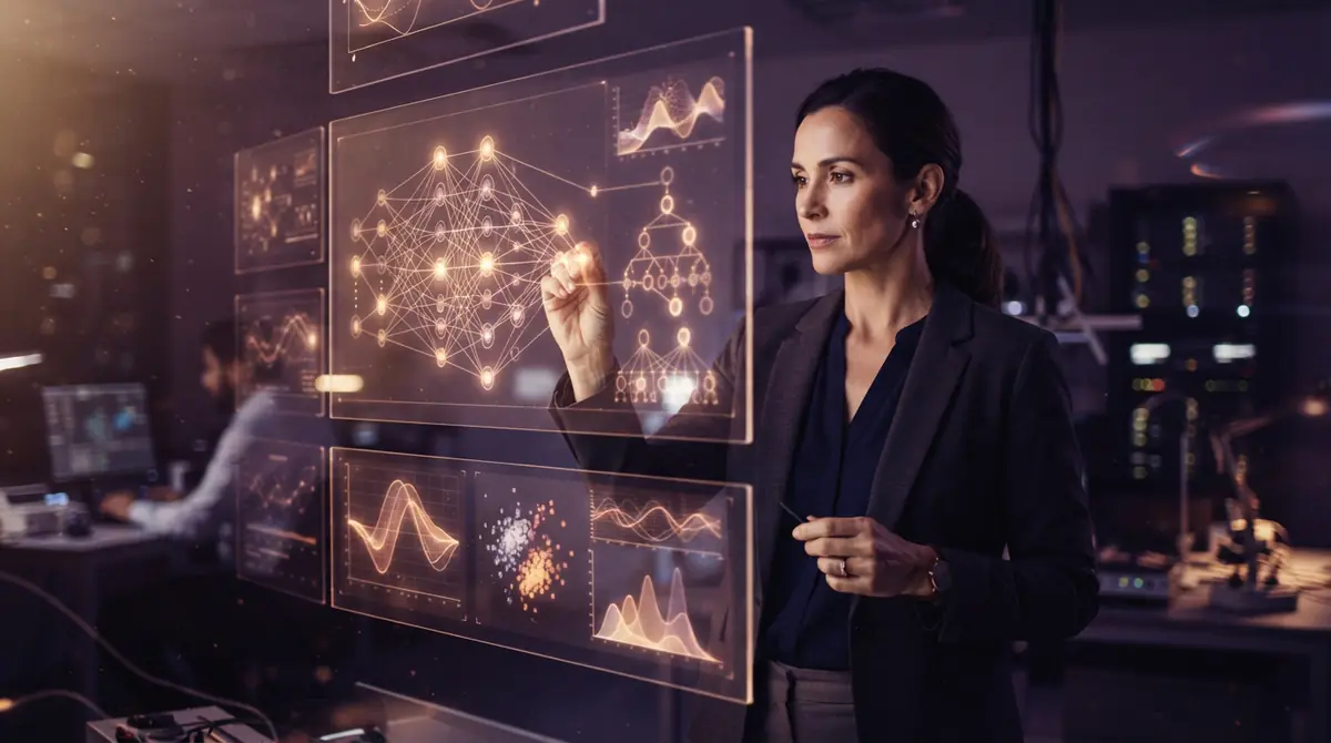 Illustration of an AI researcher reviewing model parameter metrics on interactive displays.