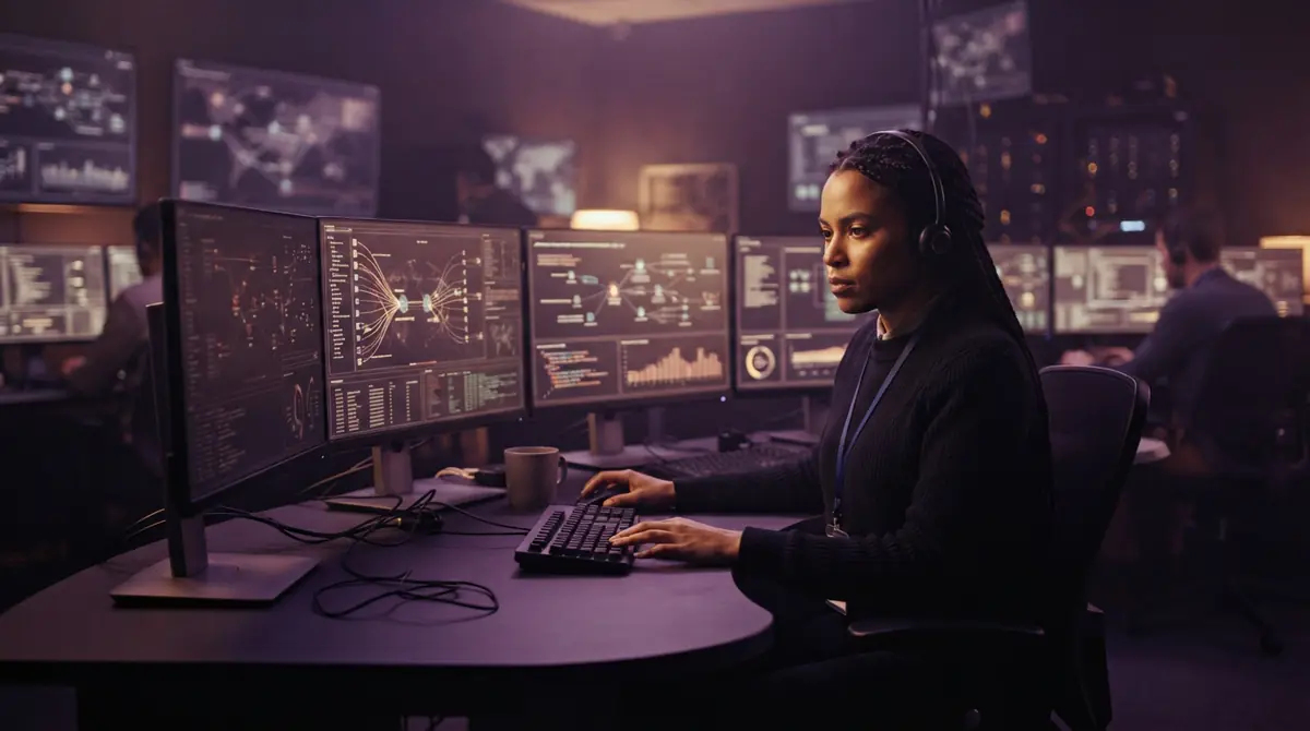 Illustration of a software security analyst auditing vulnerability reports in an operations room.