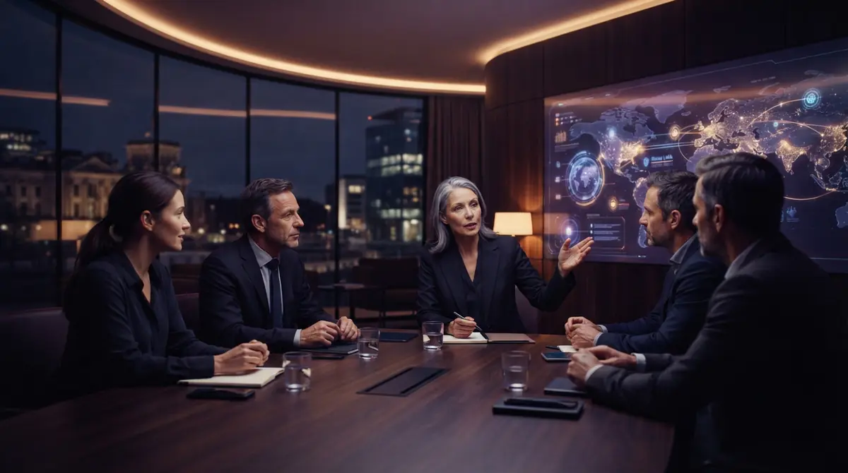 Illustration of executives and software architects collaborating around cloud deployment planning.