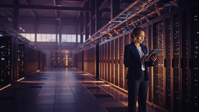Illustration of high-performance server racks in a modern data center.