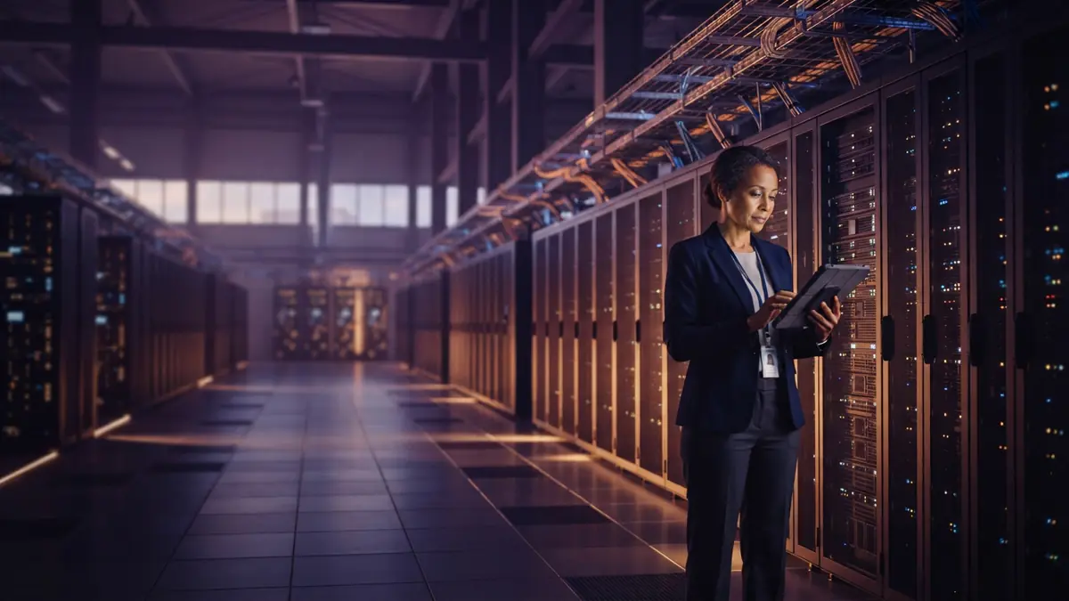 Illustration of high-performance server racks in a modern data center.