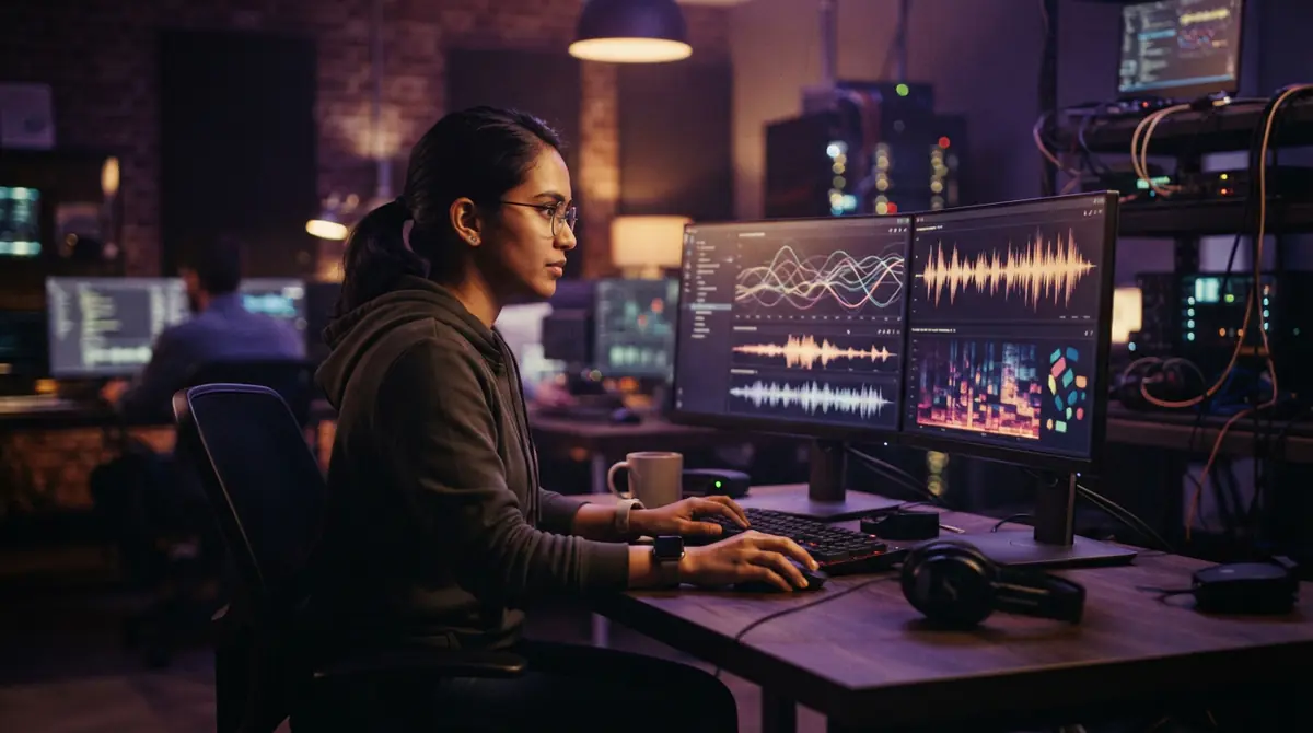 A software engineer working with multilingual audio waveform visualizations
