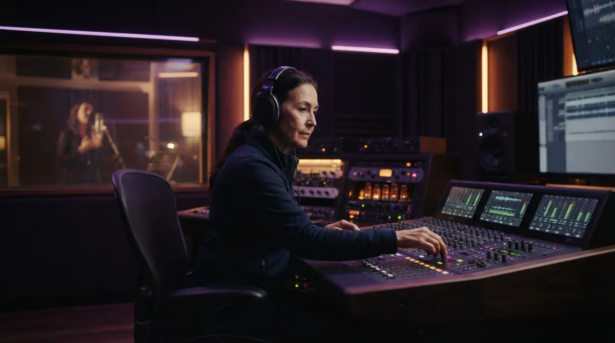 A sound specialist adjusting audio equipment inside a modern recording studio