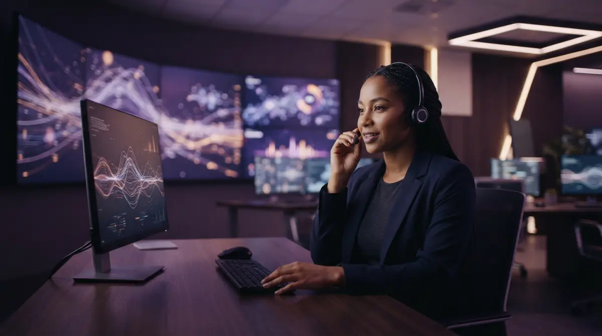 A customer support representative using a communication headset in an office