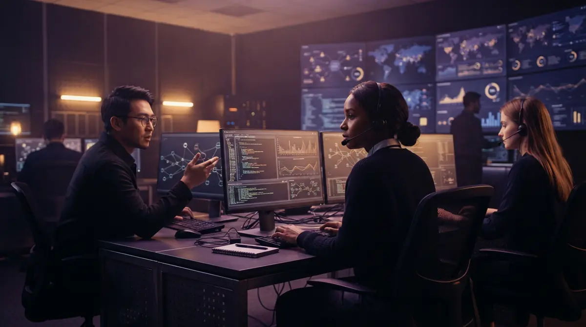 AI-generated illustration of software security analysts inspecting code on screens.