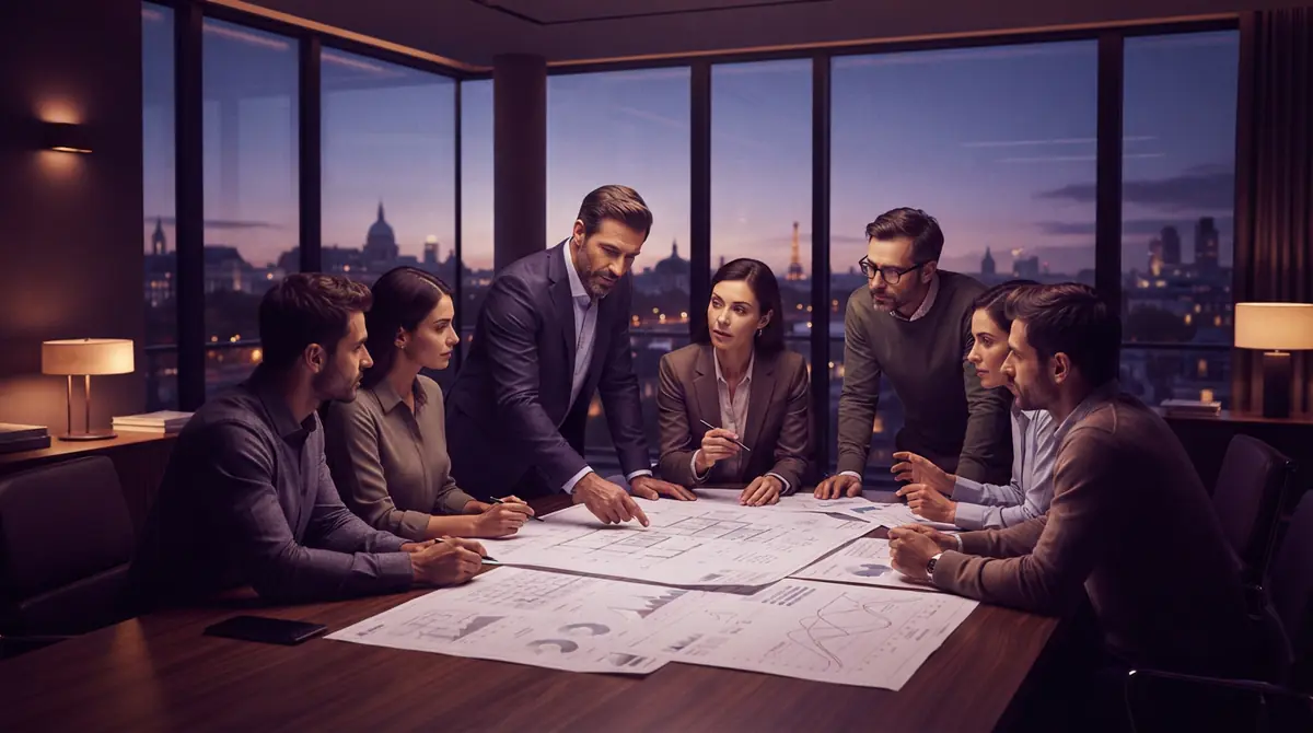 AI-generated illustration of tech professionals meeting in a modern corporate office.