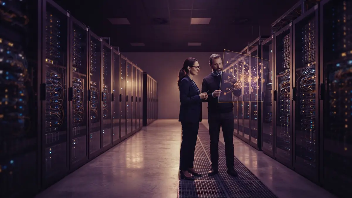 AI-generated illustration of a high-tech data center with glowing server racks.