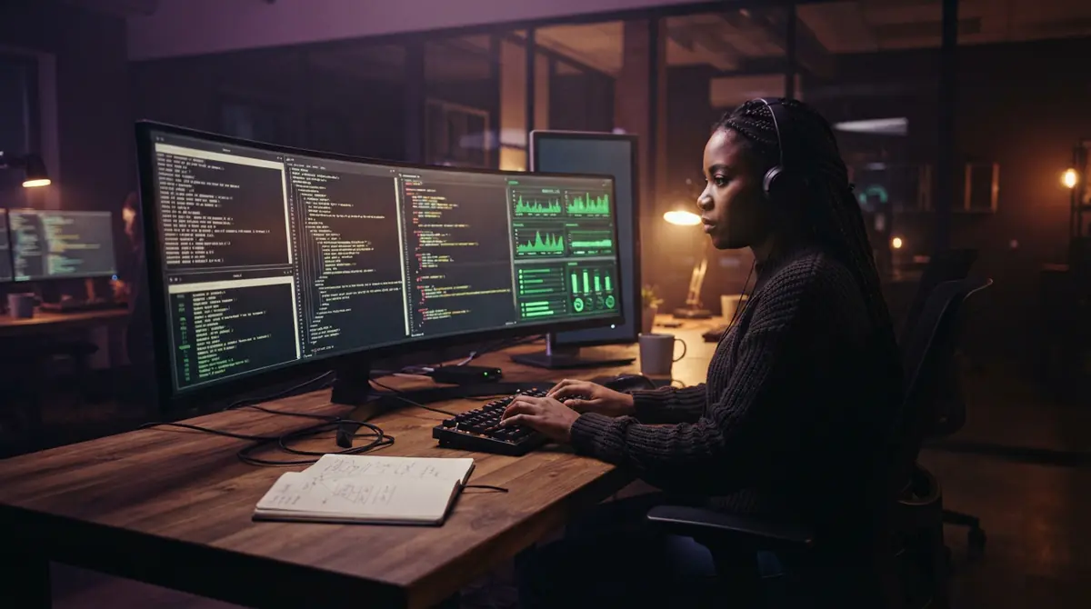 Illustration of a software developer running terminal-based coding and security tasks