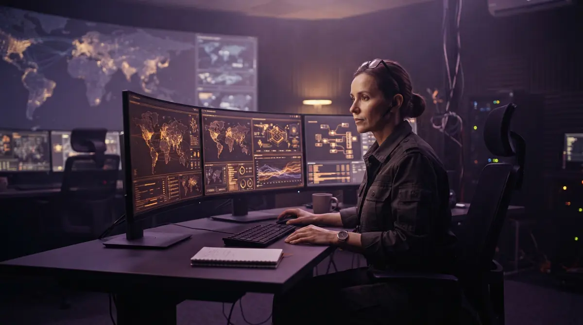Illustration of a security operations analyst monitoring defensive cybersecurity workflows