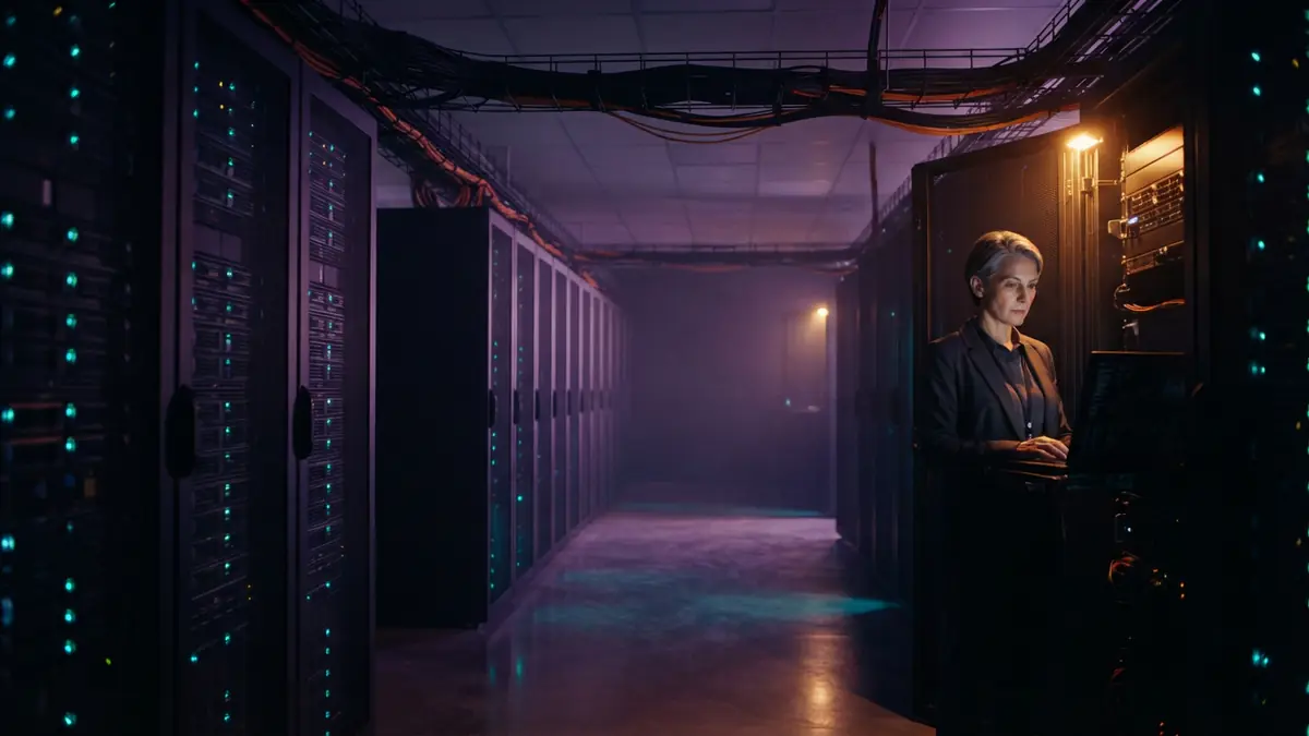 Illustration of an enterprise datacenter with racks of AI hardware and server cabinets