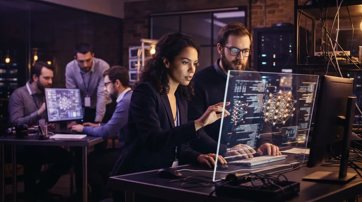 Engineers working on artificial intelligence network architectures in a research lab.
