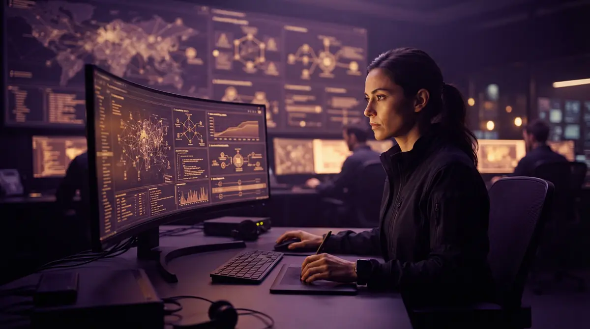 A cybersecurity specialist analyzing vulnerability reports and software code.