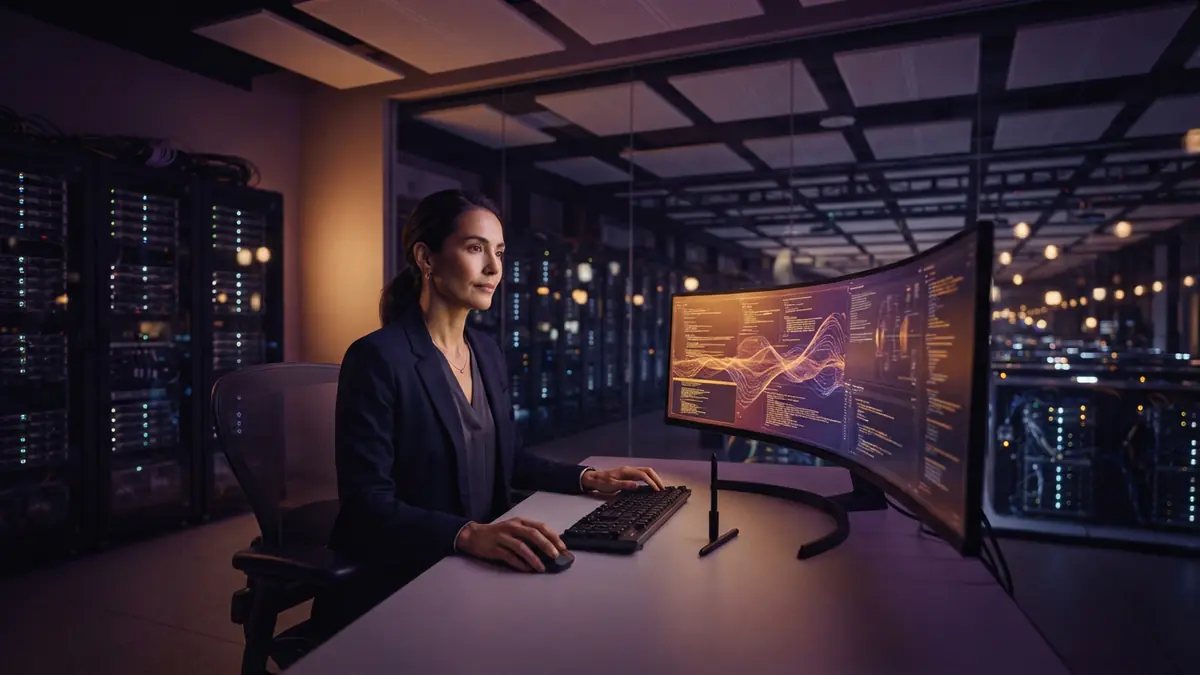 An AI researcher in a server room control facility overseeing advanced computing infrastructure.