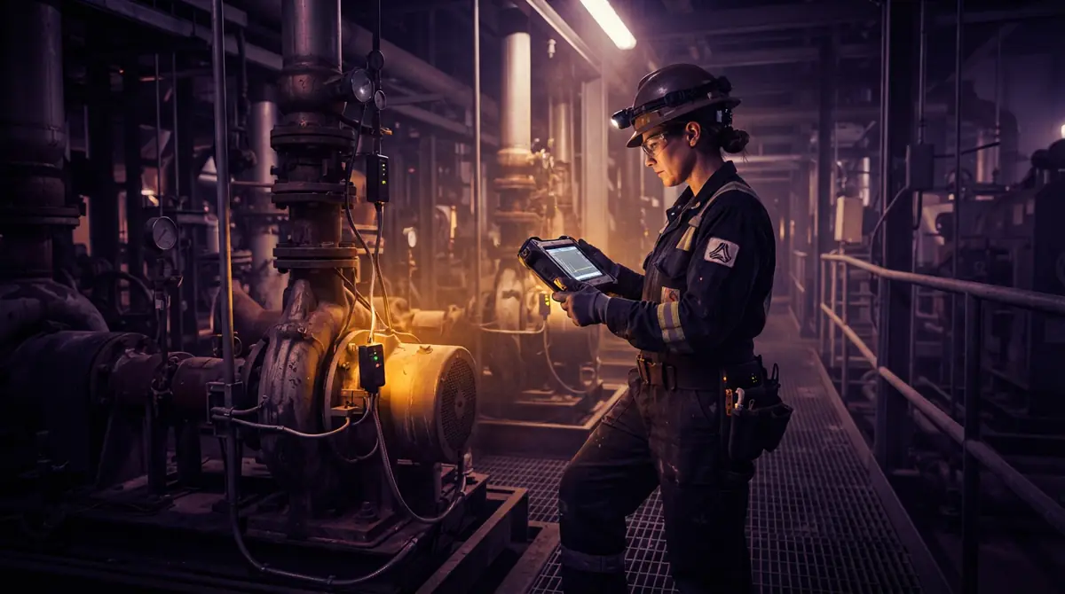 A technician inspecting industrial machinery equipped with wireless monitoring sensors