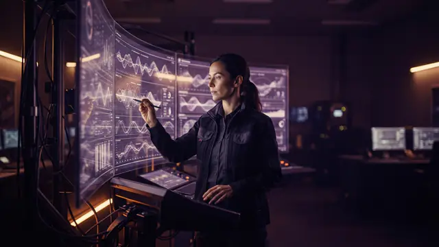 An engineer monitoring multi-channel sensor telemetry and predictive forecasting trends in a control room
