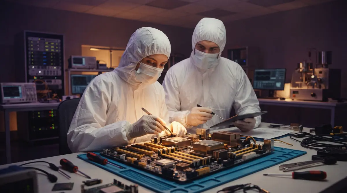 Hardware engineers working on a server motherboard in a laboratory