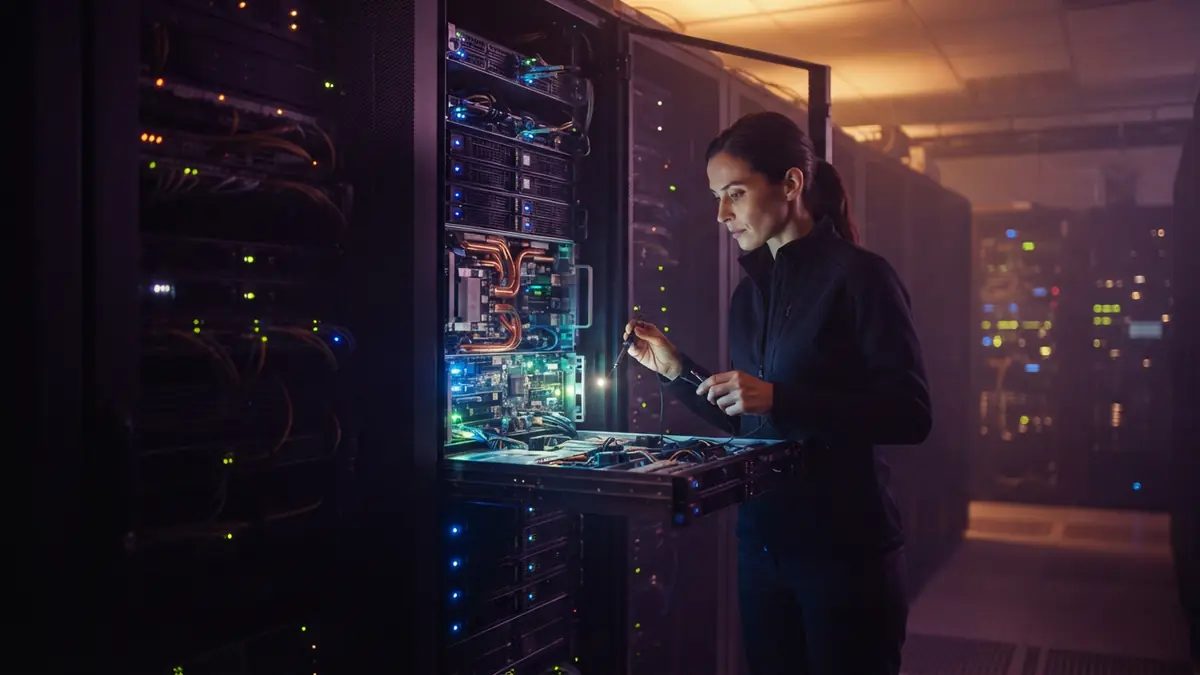 A glowing server chassis installed in a data center rack