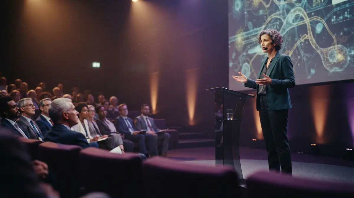 An oncology clinical investigator addressing an audience of physicians and researchers in a medical congress auditorium