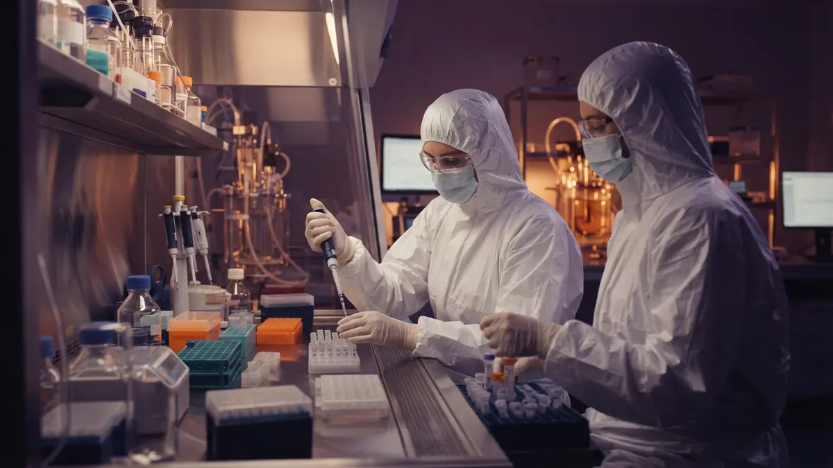 Laboratory technicians in protective cleanroom suits preparing personalized mRNA therapies under sterile conditions