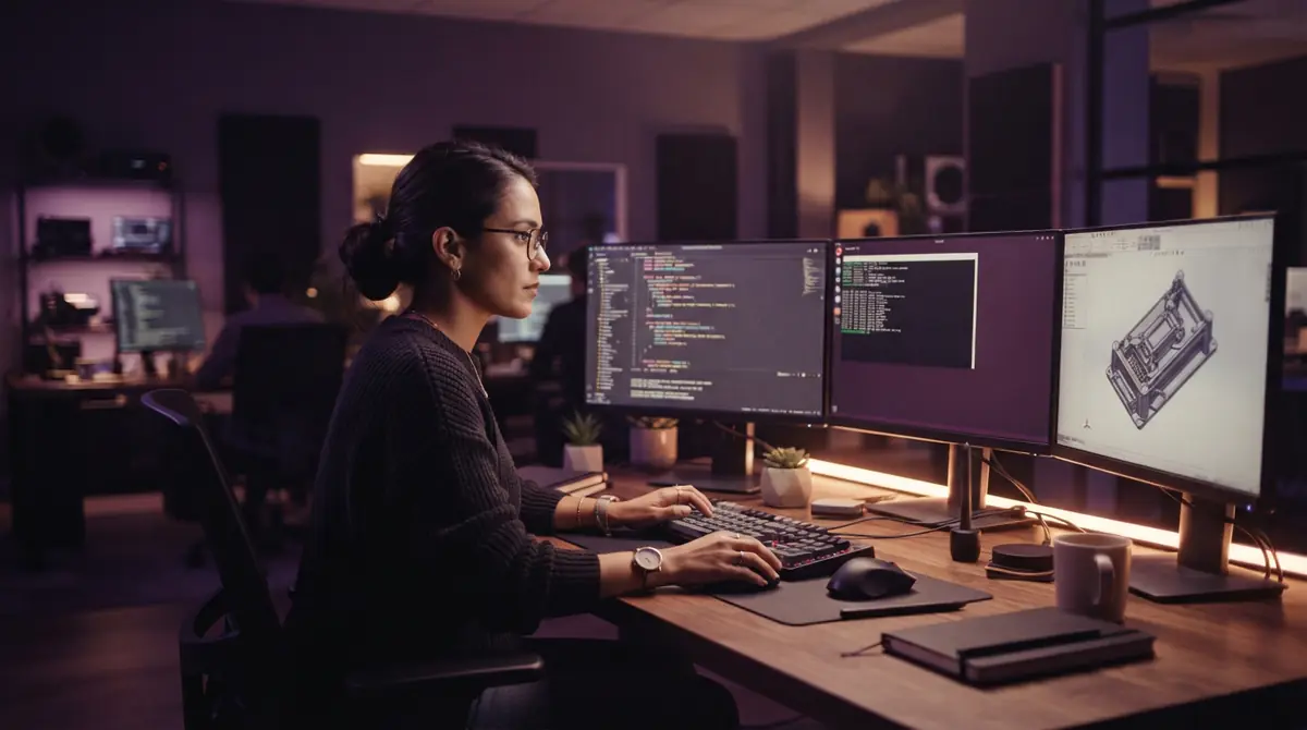 A software developer coding complex engineering tools across multiple desktop monitors.