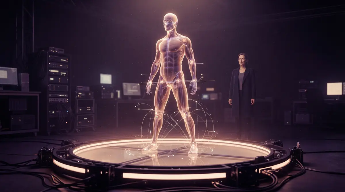A digital anatomical model on a simulation platform executing biomechanical movement tests.