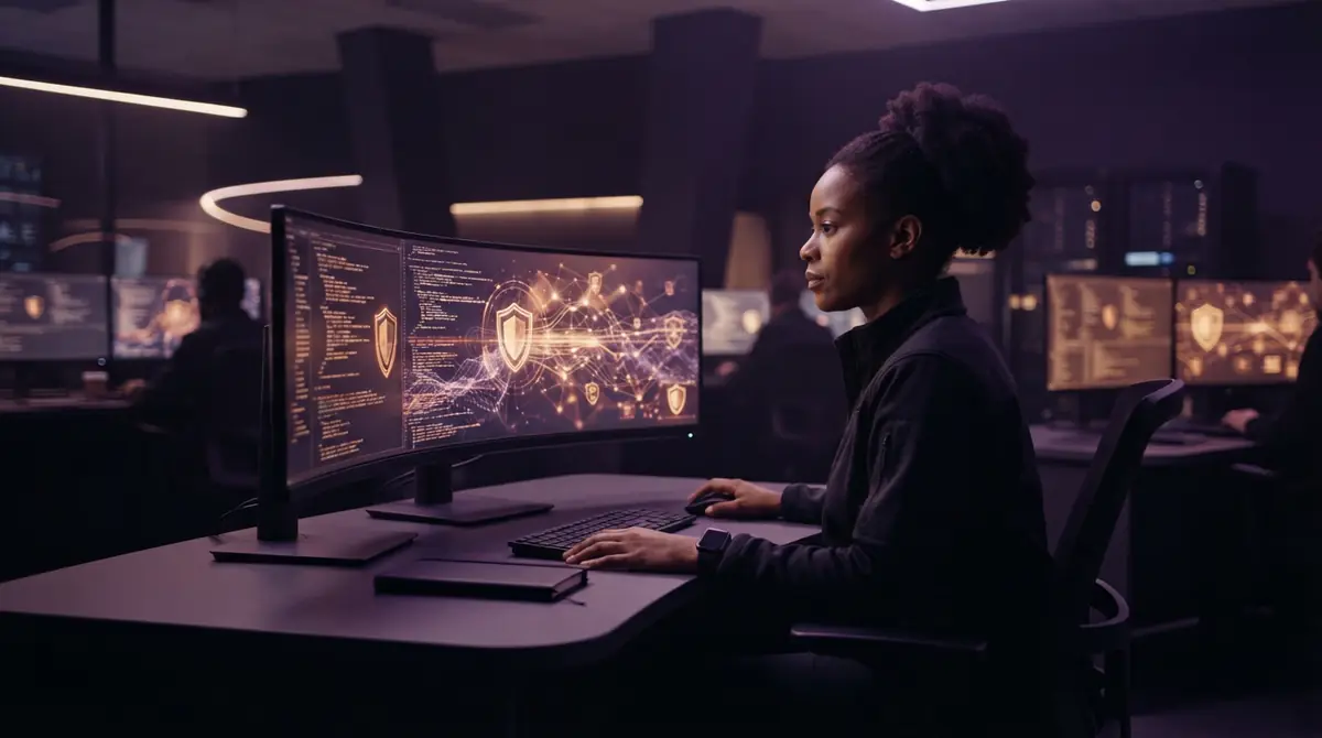 A cybersecurity specialist auditing system source code in a digital security operations room.