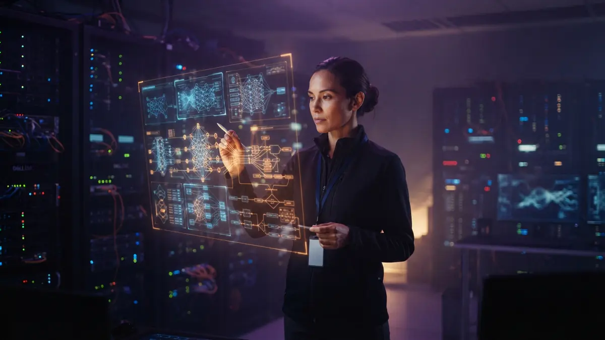 An AI researcher reviewing complex system diagrams in a high-performance compute datacenter.