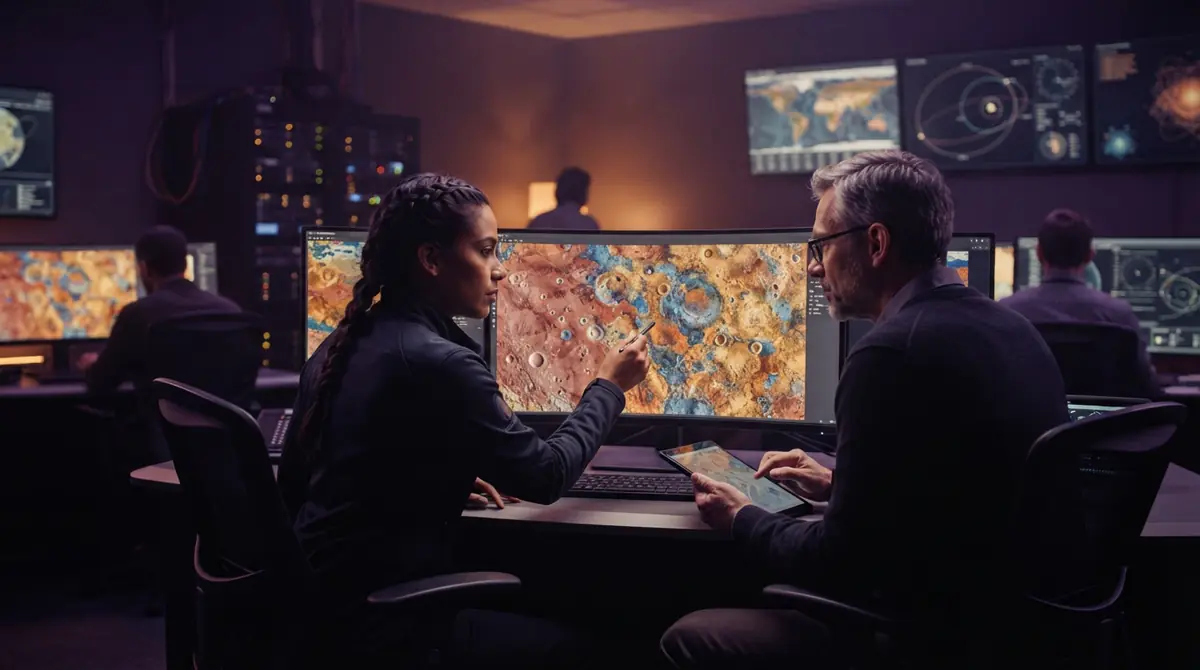 Planetary researchers reviewing lunar terrain data and digital elevation models on computer displays.