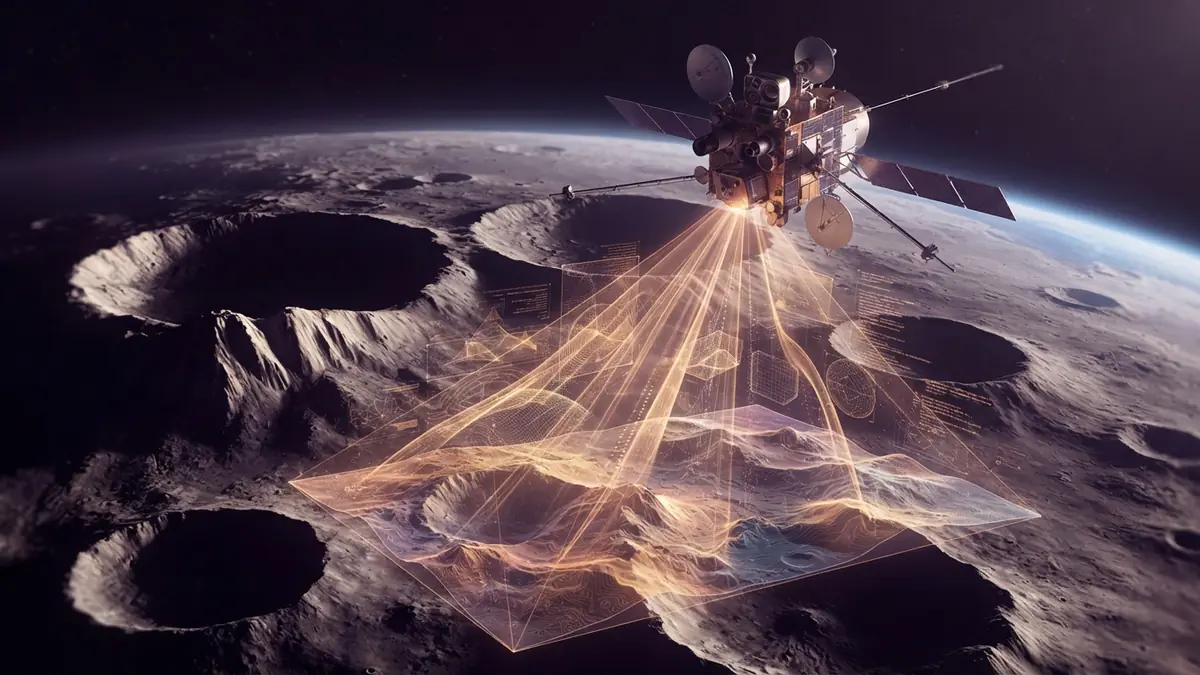 Digital representation of a lunar orbiter mapping the surface of the Moon with data overlays.