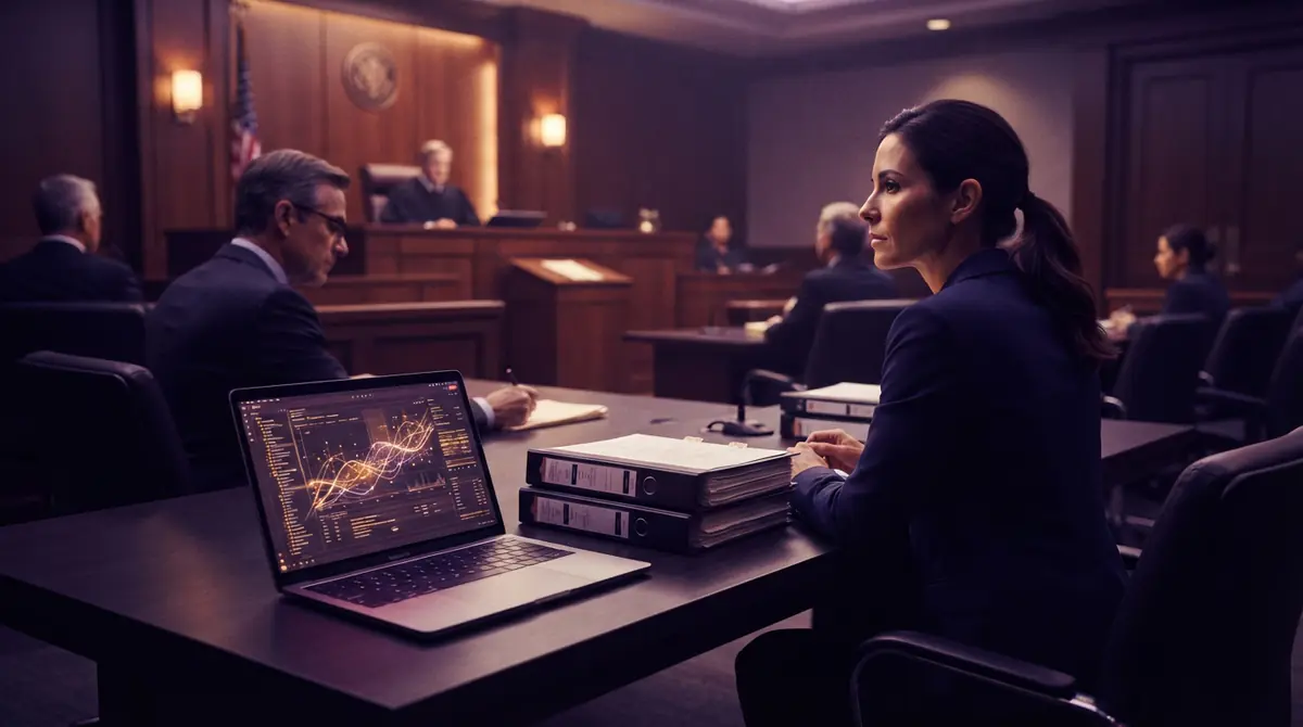A formal courtroom setting with legal documentation binders and a laptop displaying data analytics
