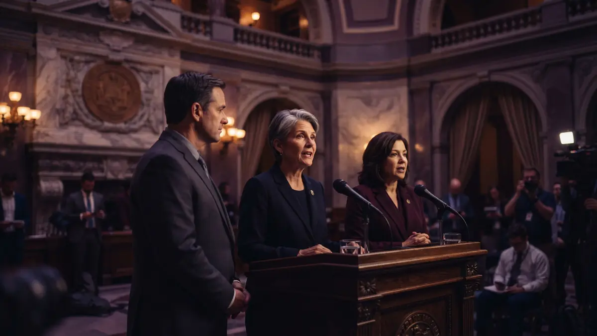State officials standing at podiums during a legal press conference in a state capitol building