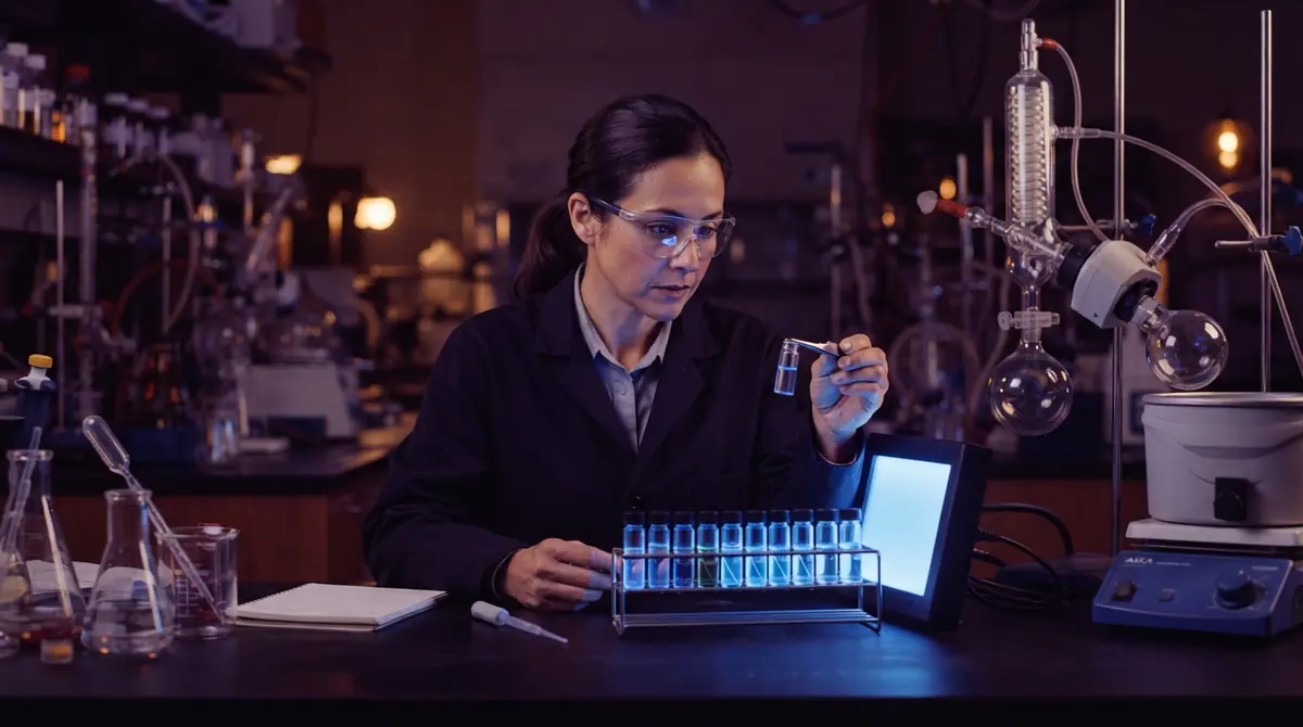 A scientist inspecting chiral chemical compounds in glassware.