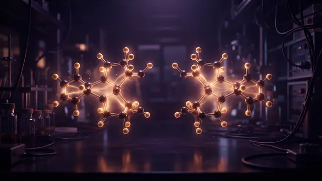 Conceptual rendering of two mirrored chiral molecular structures.