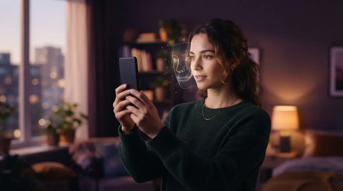 Illustration of an adult taking a facial scan using a mobile smartphone