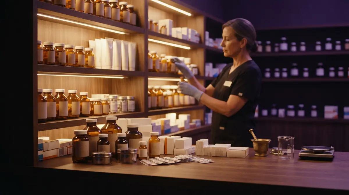Illustration of topical dermatological medications and pharmacy packaging on a counter