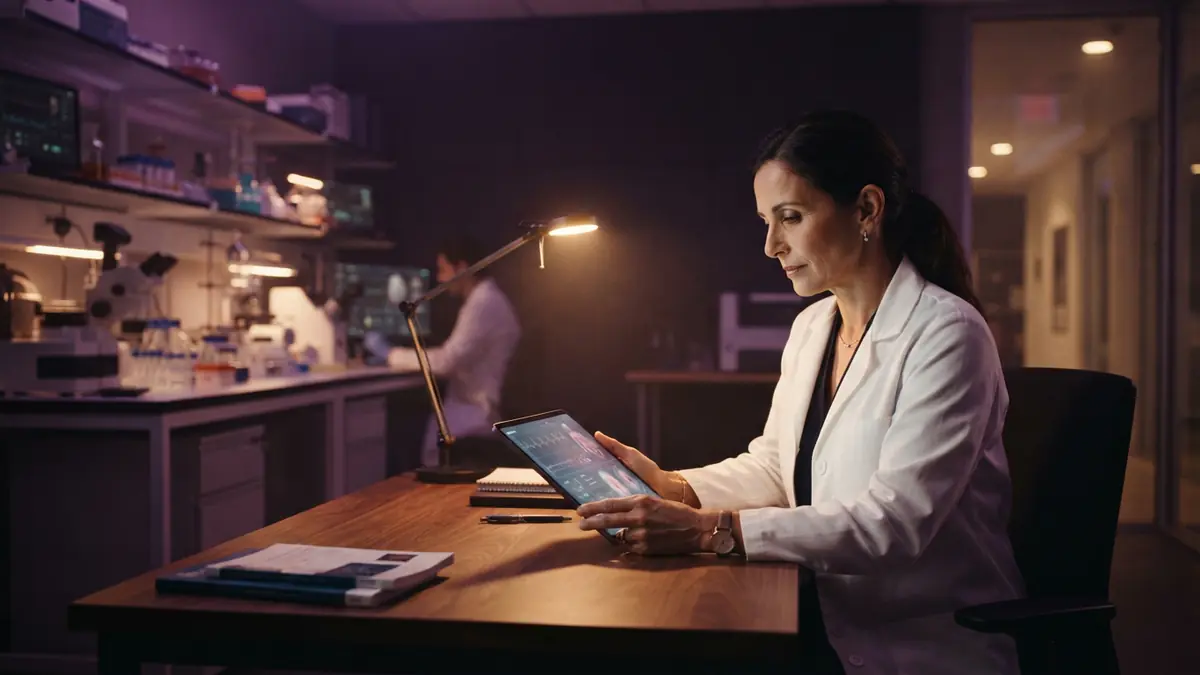 Illustration of a clinical doctor reviewing medical data on a tablet in a modern office