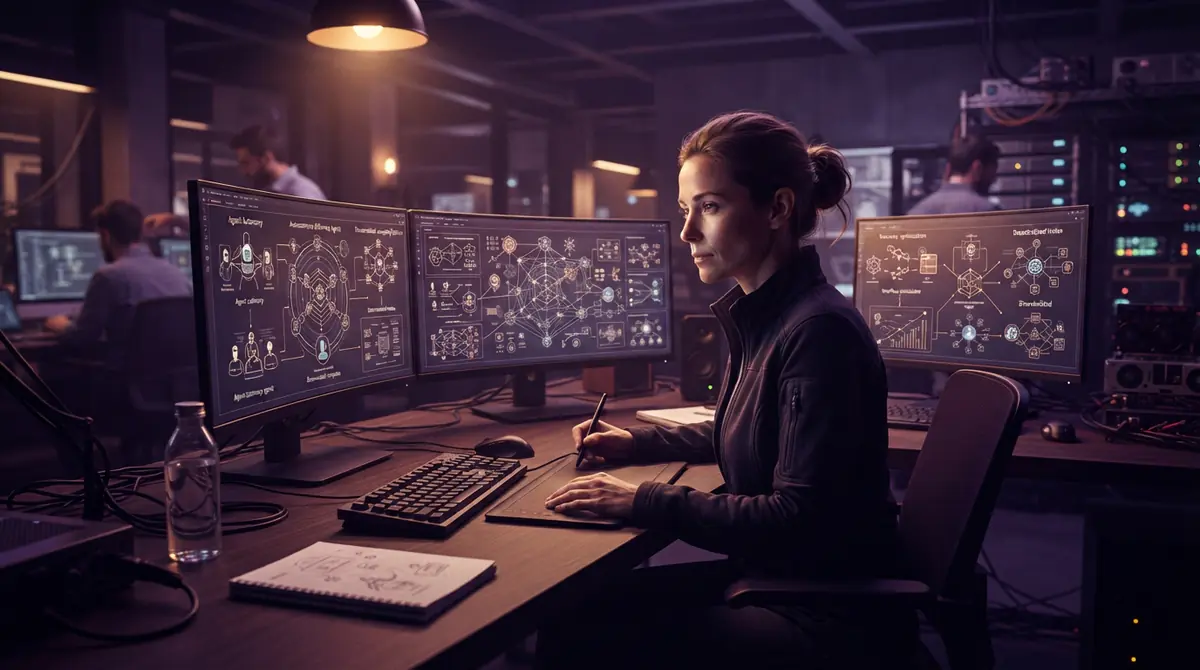 An illustration of an engineer developing software agent workflows on multiple computer monitors.