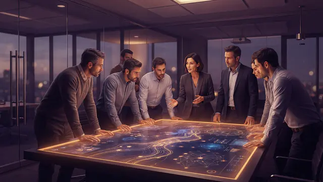 An illustration of technology leaders gathered around an illuminated conference table discussing software architecture.