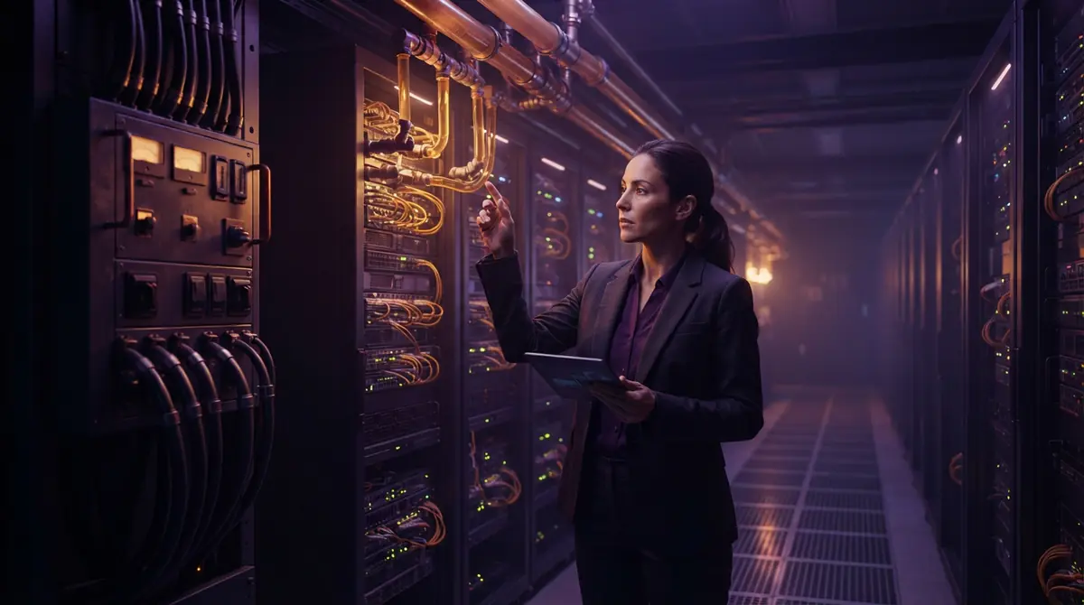 Illustration of high-density server racks and industrial cooling equipment inside a data center.