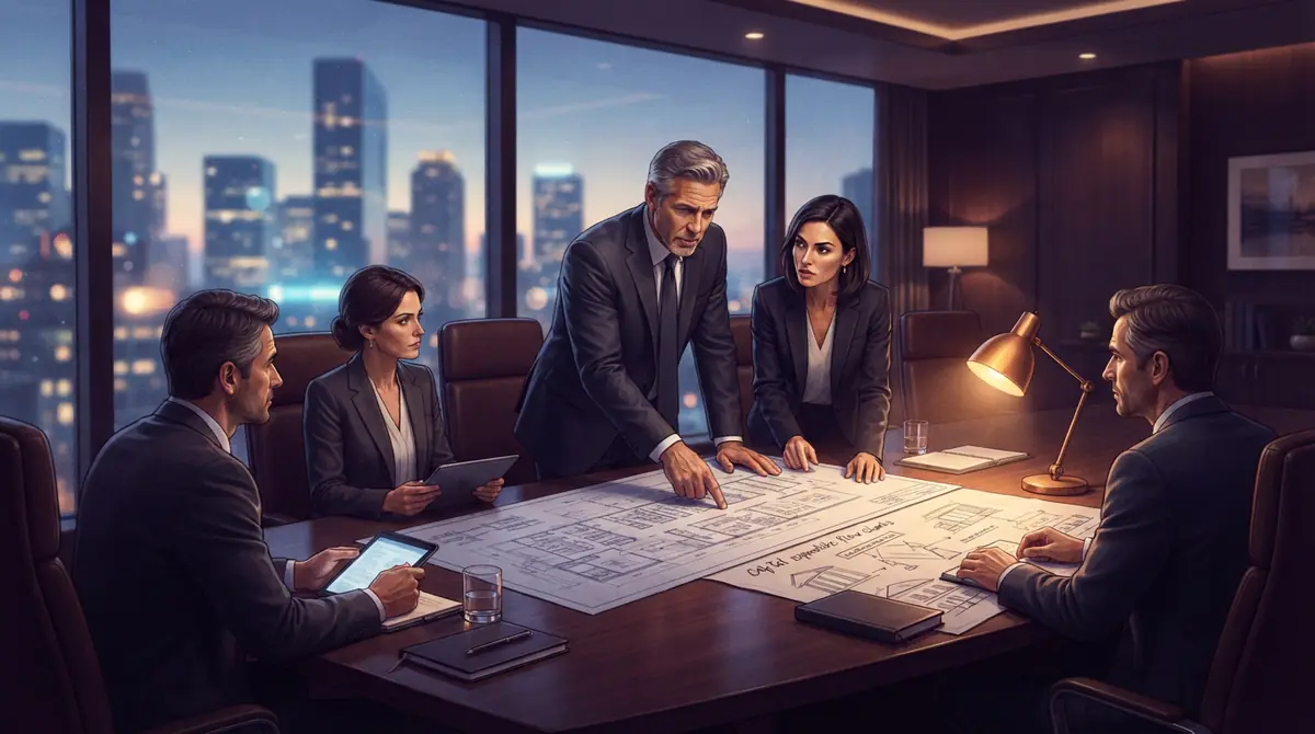 Illustration of technology executives and financial analysts reviewing infrastructure investment plans.
