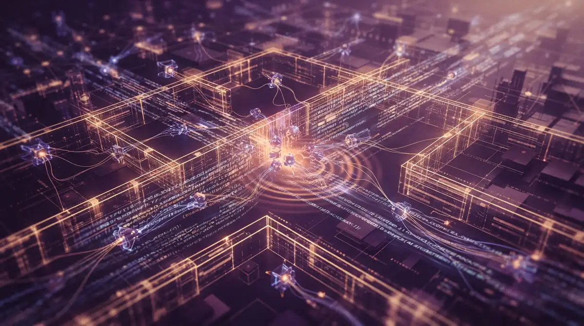 Illustration of autonomous AI processes bounded by a digital security perimeter