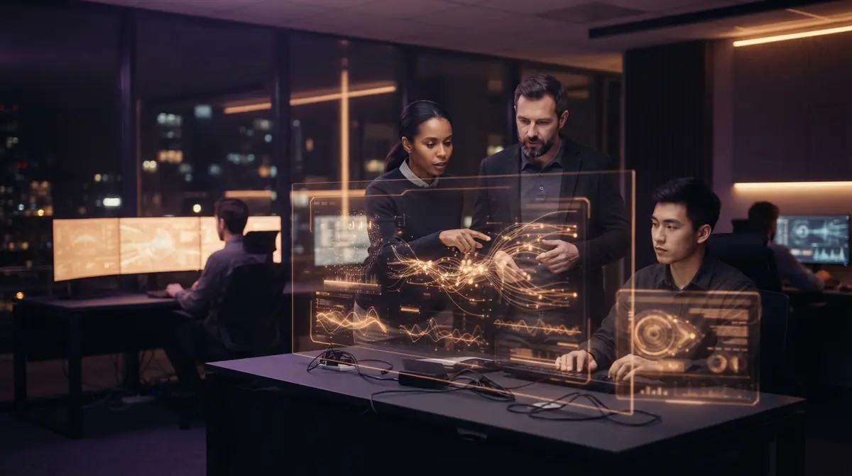 Illustration of security engineers monitoring agentic AI workflows on transparent digital displays