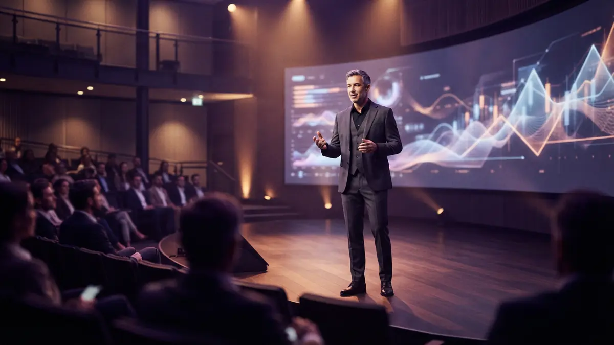 Illustration of a tech corporate executive speaking on a stage with glowing data backdrops