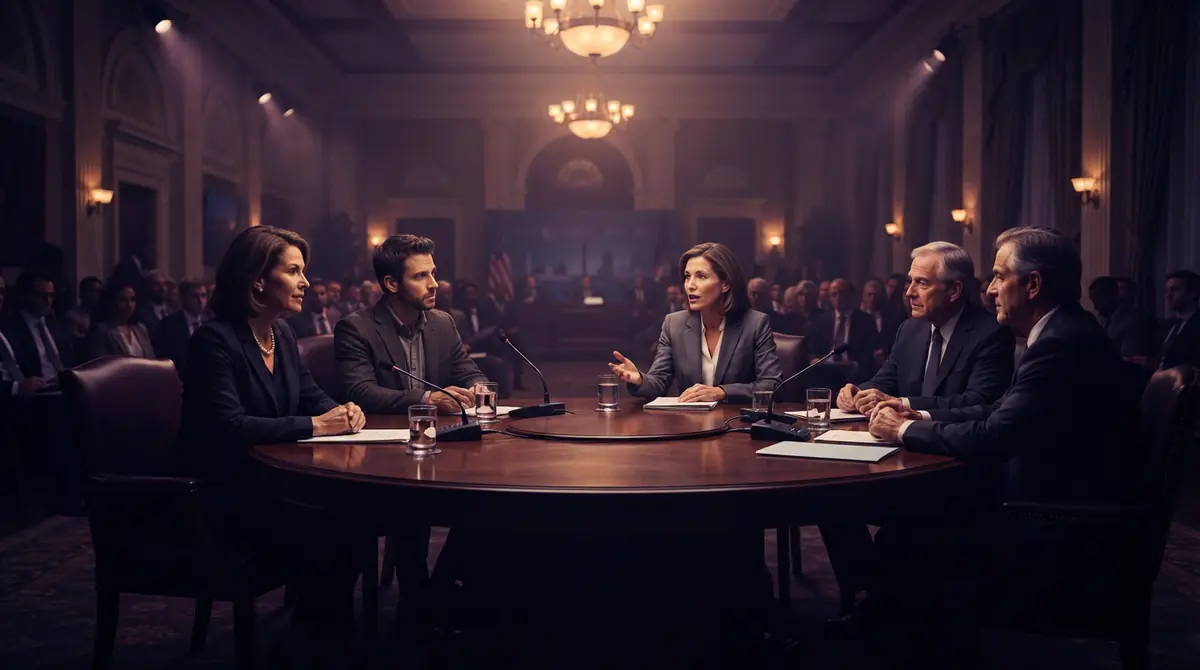 Government representatives and industry figures discussing scientific collaboration at a conference table.
