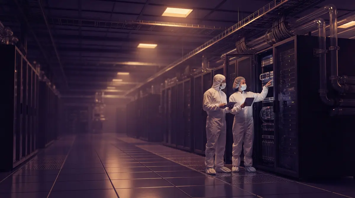 Engineers working among server racks inside a national laboratory supercomputing facility.