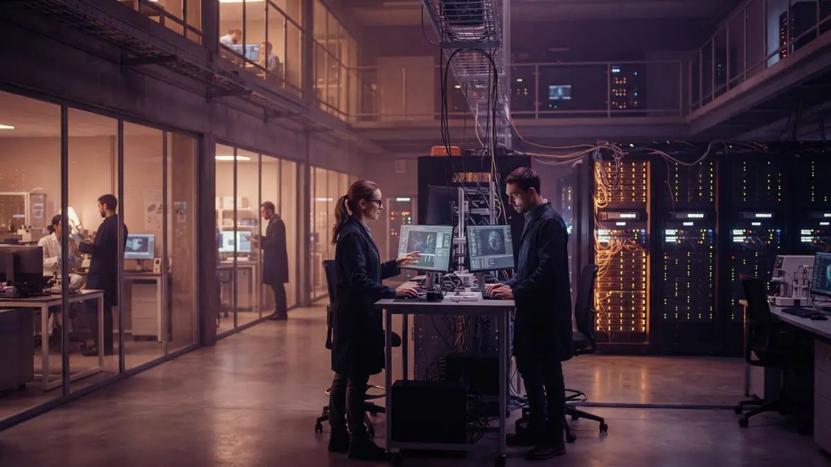 Scientists and technicians working in a high-performance scientific computing laboratory.