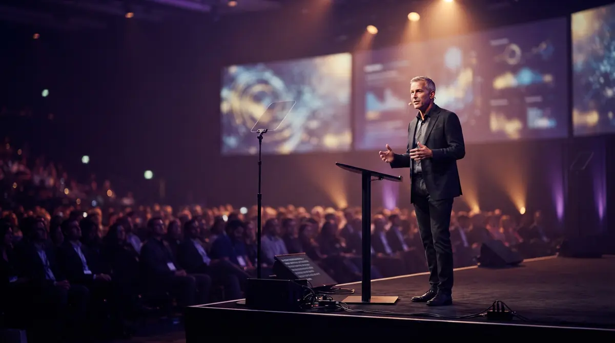 A tech executive speaking on an auditorium stage during an industry conference.